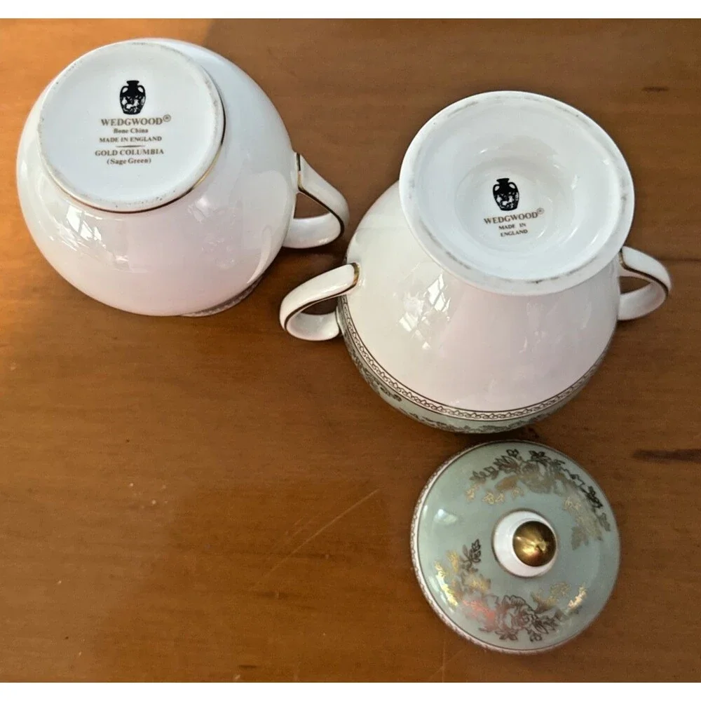 Wedgwood Gold Columbia Tea Pot Set Creamer/Sugar/4 Cups Sage Green England Mint
